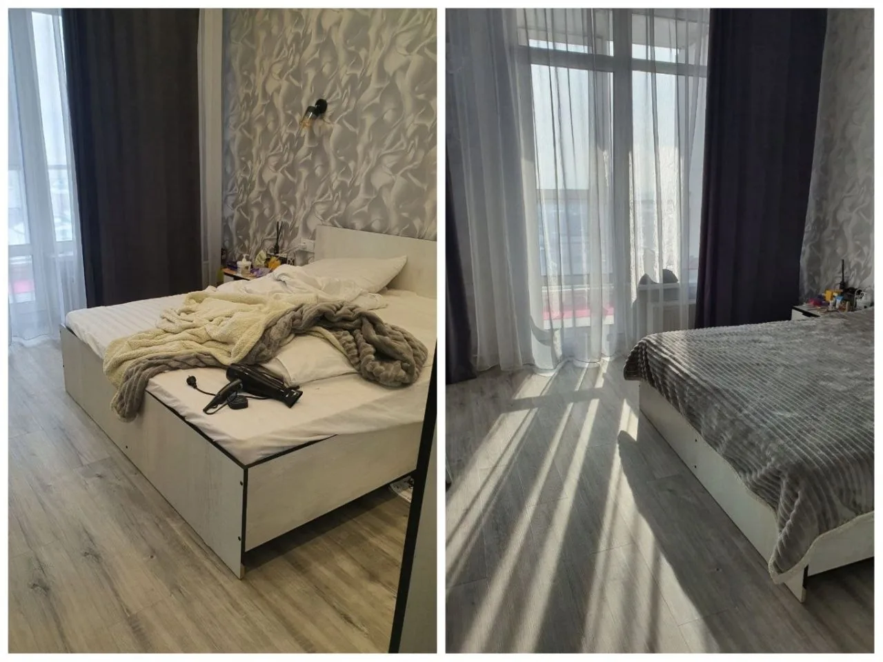 Спальня до и после генеральной уборки 2-комнатной квартиры 65 м² в Барнауле